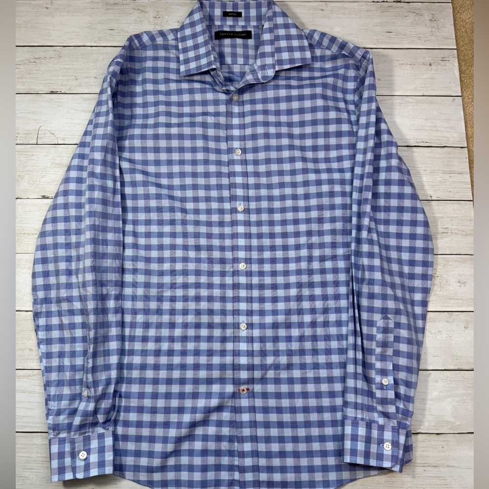 Tommy Hilfiger Slim Fit Dress Shirt Mens 15 32/33 Blue Plaid Button Down